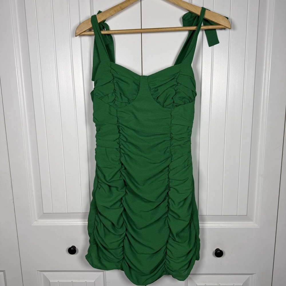 PrettyLittleThing Emerald Green Ruched Tie-Shoulder Mini Bodycon Dress New
